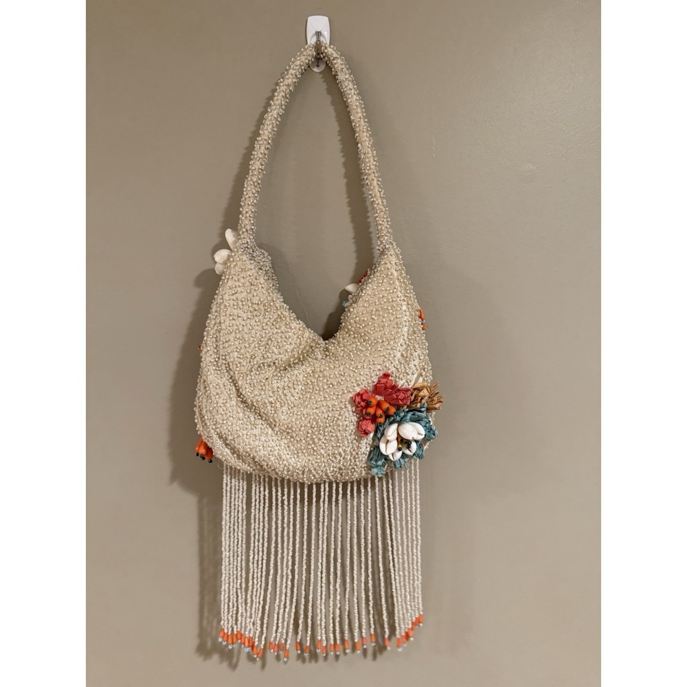 New Release Handcrafted in India Sea Shell Fringe Cream Beaded Bag Viral TikTok - Picture 3 of 4